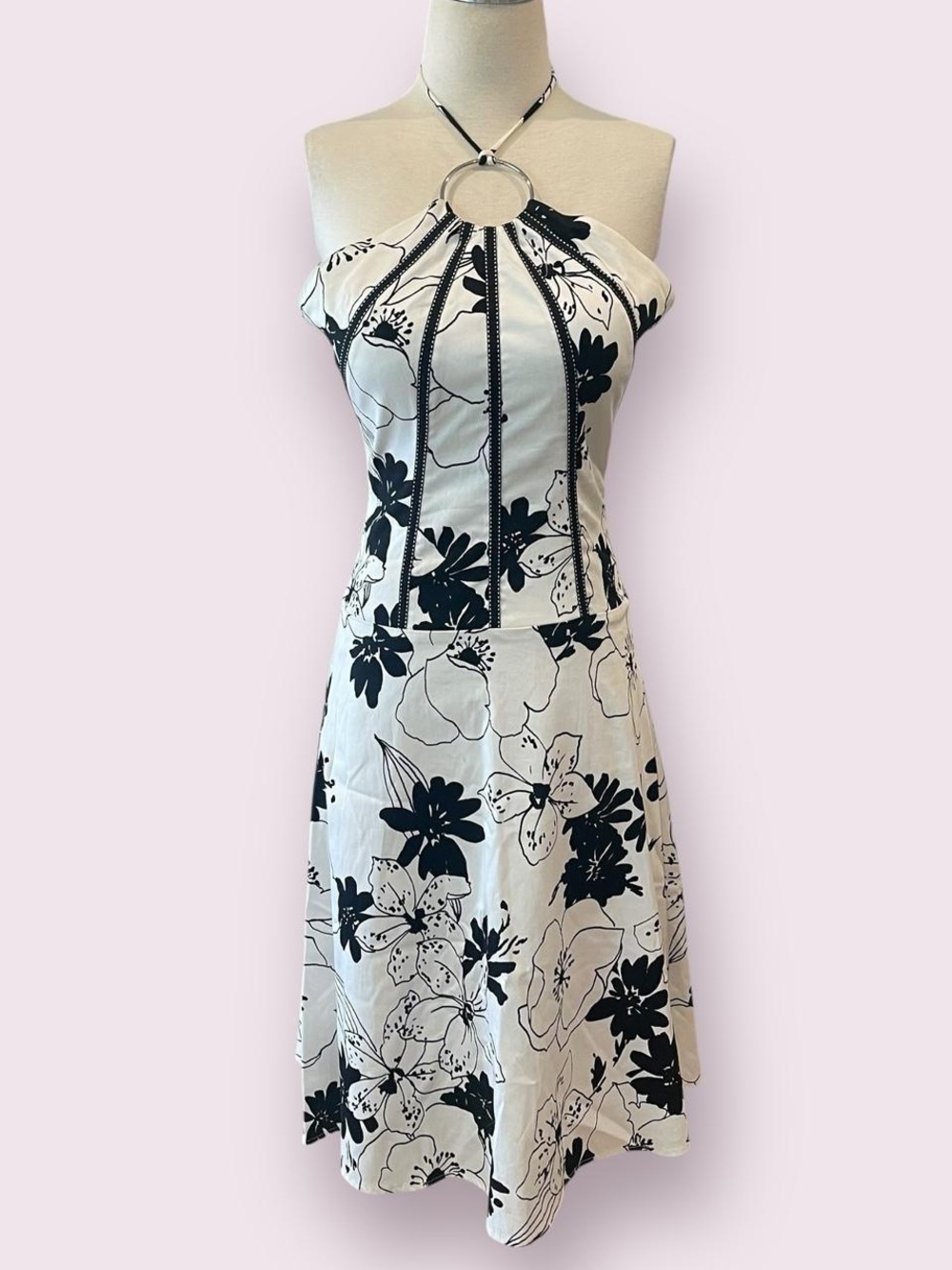 Vintage Y2K Black & White Floral O-Ring Halter Dress
